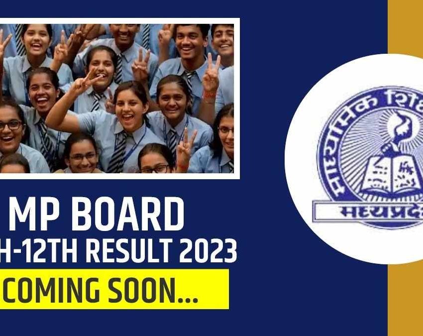 Close-up of a hand holding a smartphone displaying Hindi text about Madhya Pradesh Board exam results in 2023. Text on the screen includes "प्रारंभिक (Preliminary)" "मध्य प्रदेश (Madhya Pradesh)" "मण्डल (Board)" "MP Board" "10वीं-12वीं परीक्षा परिणाम 2023 (10th-12th Exam Results 2023)" and "जल्द ही आ रहा है (Coming Soon)".