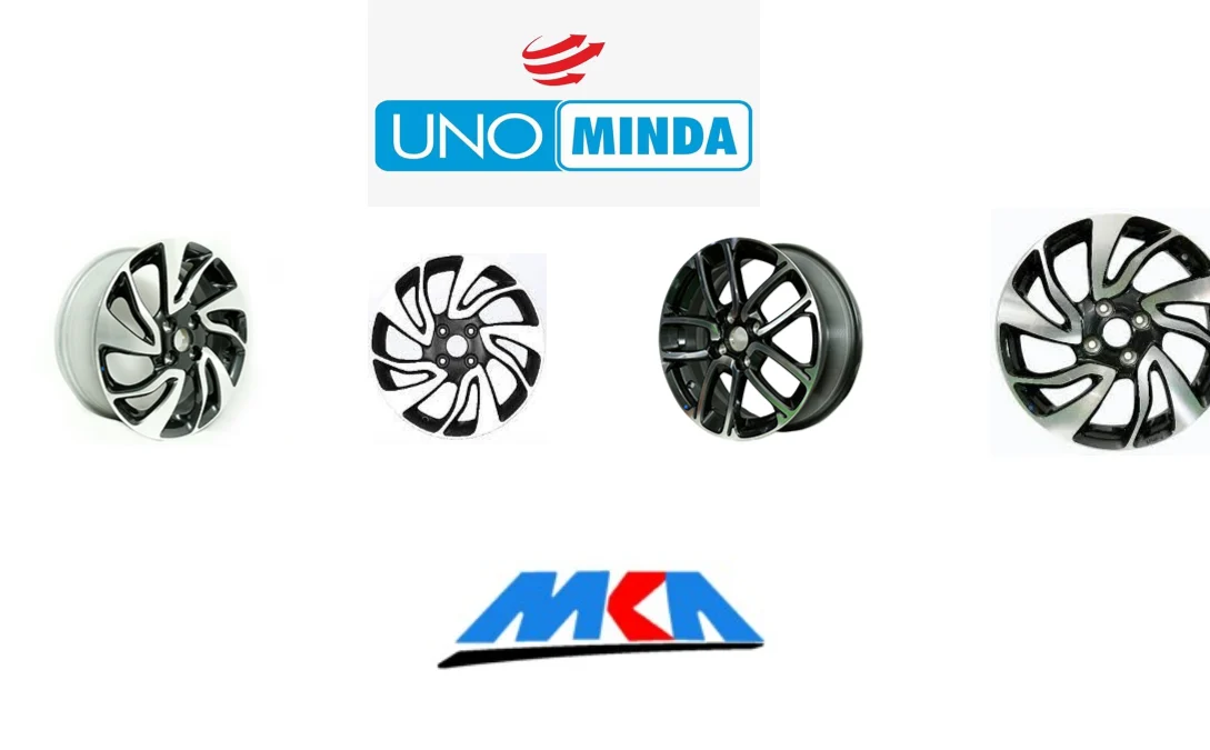 A group of four car wheels with different sizes and logos sitting on a white surface. The logos include Uno Minda and Dodge Durango