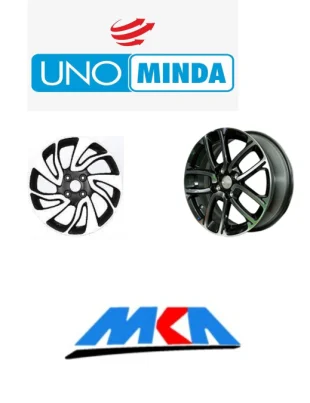 A group of four car wheels with different sizes and logos sitting on a white surface. The logos include Uno Minda and Dodge Durango
